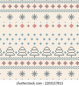 Patrón De Tejido Sin Pescado De Invierno, Diseño De Suéter De Año Nuevo. color crema, rojo y azul.