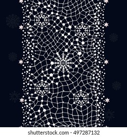 Winter seamless lace with snowflakes.The abstract lace strip for decoration. Winter theme, holidays. Design for card, doily. Can be used for packaging, invitations, and template.