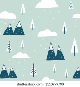 Winter seamless landscape pattern. Scandinavian simple minimalist snow mountains and trees. Funny map texture. Hand drawn cartoon illustration for children textile, fabric