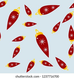 Winter seamless light blue pattern with chaotic Christmas decorations in yellow and red colors. Light holiday repeat backdrop using for cards, wallpapers, scrapbooking, print, gift wrapping paper etc.