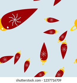 Winter seamless light blue pattern with chaotic Christmas decorations in yellow and red colors. Light holiday repeat backdrop using for cards, wallpapers, scrapbooking, print, gift wrapping paper etc.