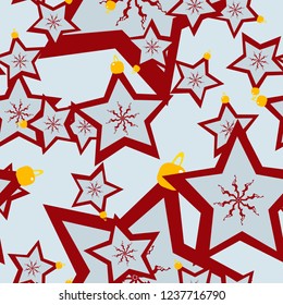 Winter seamless light blue pattern with chaotic Christmas decorations - stars in yellow and red colors. Light holiday repeat backdrop using for cards, wallpapers, scrapbooking, print, gift etc.