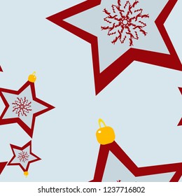 Winter seamless light blue pattern with chaotic Christmas decorations - stars in yellow and red colors. Light holiday repeat backdrop using for cards, wallpapers, scrapbooking, print, gift etc.