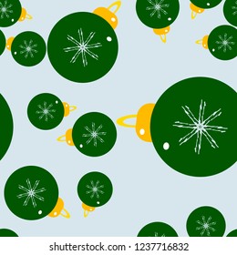 Winter seamless light blue pattern with chaotic Christmas decorations - balls in yellowand greeen colors. Light holiday repeat backdrop using for cards, wallpapers, scrapbooking, print, gift etc.