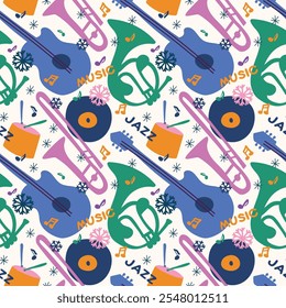 Patrón de música de invierno sin fisuras con guitarra, tambor y trombón y cuerno francés, notas, copo de nieve. En colores azul, rosa, naranja. Para textiles, papel de regalo, invitaciones, eventos de música