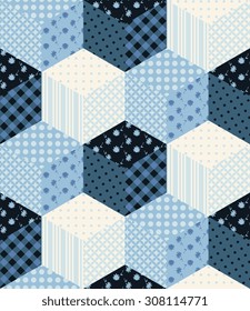 Winter seamless patchwork pattern. New Year background with cubes from patches.