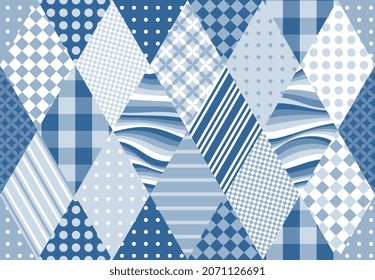 Winter seamless patchwork pattern from rhombus patches with geometric ornaments in blue colors. New Year background.
