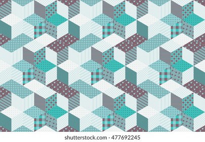 Winter seamless patchwork pattern with stars. Vector background. Quilting in aquamarine tones.