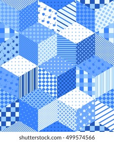 Winter seamless patchwork pattern with stars. New year background. Vector illustration of quilt in blue and white tones.