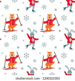Winter seamless patter with skating hare, skiing chipmunk and snowflakes. Christmas design. Vector illustration.