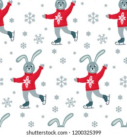 Winter seamless patter with skating hare and snowflakes. Christmas design. Vector illustration.