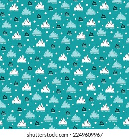 Winter seamless pattern with abstract icebergs drawn in doodle style. Vector print on blue background for kids textile, wrapping paper