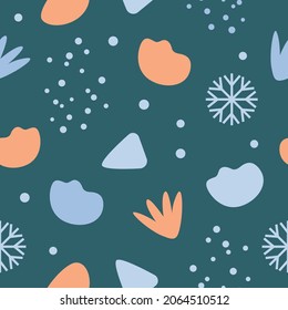 Winter seamless pattern with abstract shapes, snow, snowflakes. Vector green background in a flat simple style. Perfect for wrapping paper, scrumbooking, napkins for decoupage or seasonal collection