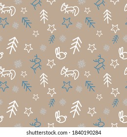 Winter seamless pattern with animals on beige background