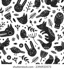 Winter seamless pattern with animals and plant in Scandinavian style. Vector hand-drawn texture with black silhouettes of animals and birds with Scandi ornaments for textile or wrapping paper