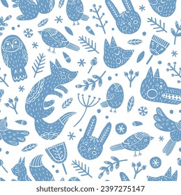 Winter seamless pattern with animals and plant in Scandinavian style. Vector hand-drawn texture with blue silhouettes of animals and birds with Scandi ornaments for textile or wrapping paper