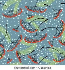 Winter seamless pattern. Background with fir Branch, berries of the mountain ash. Vector illustration.