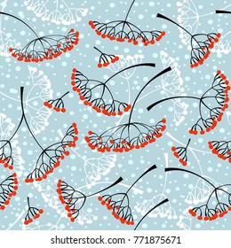 Winter seamless pattern. Background with snow, berries of the mountain ash. Vector illustration.