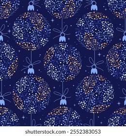 Winter seamless pattern with balls, herbs on blue background. Perfect for holiday invitations, winter greeting cards, wallpaper