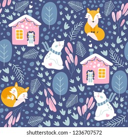 Winter seamless pattern with bear and fox. Vector illustrations