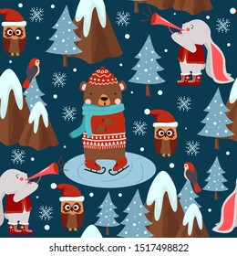 winter seamless pattern with bear, hare and owl - vector illustration, eps