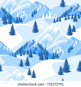 Winter seamless pattern. Beautiful landscape with snowy mountains and fir forest.