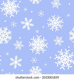 Patrón de invierno sin fisuras. Hermosos copos de nieve de diferentes formas geométricas simétricas. Año Nuevo, adorno navideño. Vector. Textura para impresión, papel envolvente, diseño, tela, decoración, regalo.