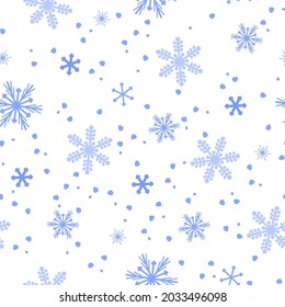 Winter seamless pattern. Beautiful snowflakes of different symmetrical geometric shapes. New Year, Christmas holiday ornament. Vector. Texture for print, wrapping paper, design, fabric, decor, gift.