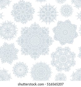Winter seamless pattern with beautiful snowflakes. Vector illustration. One color print