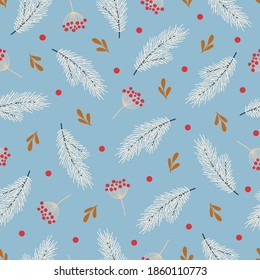 Winter seamless pattern with berries, fir branches, leaves. Blue background. Christmas vector illustration for fabric, wrapping paper, postcard design.