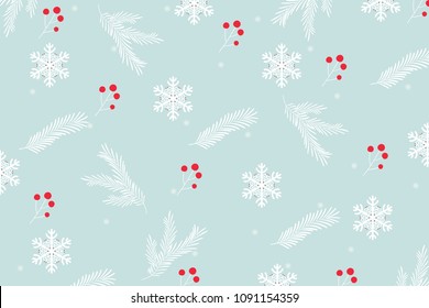 Winter seamless pattern with berries and spruce branches on blue background.