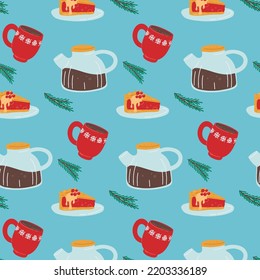Winter seamless pattern with berry pie and hot drink cup and teapot. Holiday banner design. Cooking background. Seamless pattern. Christmas background.