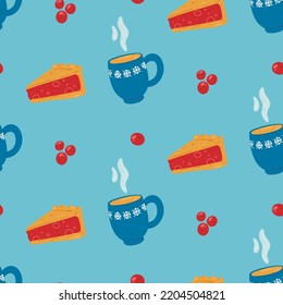 Winter seamless pattern with berry pie and a cup of hot drink. Holiday banner design. Cooking background. Seamless pattern. Christmas background.