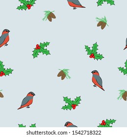 Winter seamless pattern with birds and mistletoe on blue background