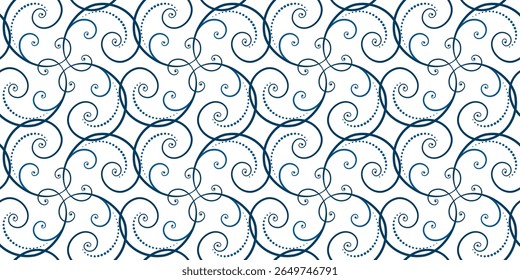 Winter seamless pattern of blue curls on white background. Frost intertwining swirls. Ethnic folk ornament in nordic style. Monochrome ornamental background