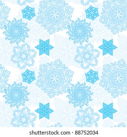 Winter seamless pattern blue decorative snowflakes at white background