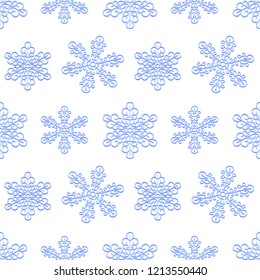 Winter seamless pattern with blue snowflakes on white background. Endless frost ornament for banner, greeting card, paper packaging, invitation. Vector illustration.
