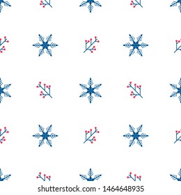 Winter seamless pattern of blue snowflakes and branches with red berries on white background in Scandinavian style.
