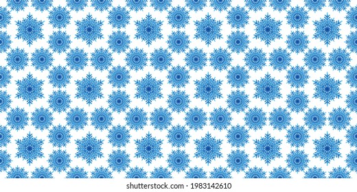 Patrón invernal sin fisuras con copos de nieve azules sobre fondo blanco. Ilustración vectorial para tela, papel de pared textil, carteles, papel de envoltura de regalo. Ilustración vectorial de Navidad. Cae la nieve.