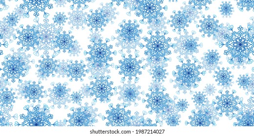 Patrón invernal sin fisuras con copos de nieve azules sobre fondo blanco. Ilustración vectorial para tela, papel de pared textil, carteles, papel de envoltura de regalo. Ilustración vectorial de Navidad. Cae la nieve.