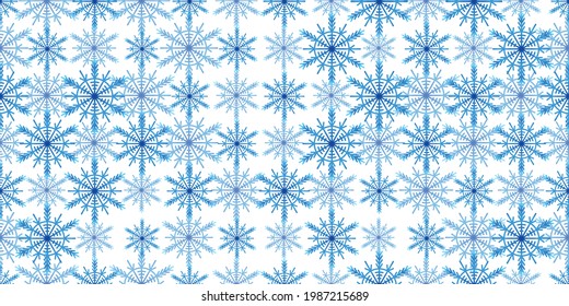 Patrón invernal sin fisuras con copos de nieve azules sobre fondo blanco. Ilustración vectorial para tela, papel de pared textil, carteles, papel de envoltura de regalo. Ilustración vectorial de Navidad. Cae la nieve.