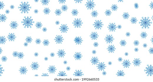 Patrón invernal sin fisuras con copos de nieve azules sobre fondo blanco. Ilustración vectorial para tela, papel de pared textil, carteles, papel de envoltura de regalo. Ilustración vectorial de Navidad. Cae la nieve.