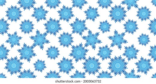 Winternahtloses Muster mit blauen Schneeflocken auf weißem Hintergrund. Vektorgrafik für Gewebe, Tapete aus Spinnstoffen, Poster, Geschenkpapier. Weihnachtsvektorgrafik. Schneefall.