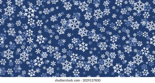 Patrón invernal sin fisuras con copos de nieve azules sobre fondo de color. Ilustración vectorial para tela, papel de pared textil, carteles, papel de envoltura de regalo. Ilustración vectorial de Navidad. Cae la nieve.