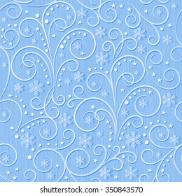 winter seamless pattern, blue swirl lines and white snowflakes on light blue background, seamless pattern, vector illustration