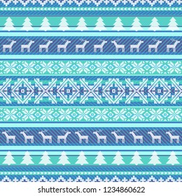 Winter seamless pattern in blue and white. Taditional knitted motives: deers, snowlakes and fir-trees. Christmas and New Year design, textured background