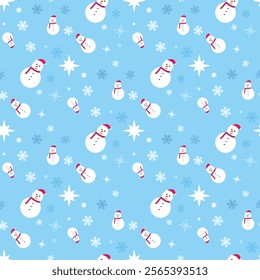 winter seamless pattern, blue white cute pattern, snowman with snowflakes and stars pattern