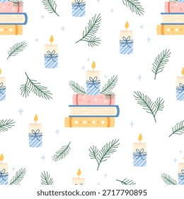 Patrón de invierno sin fisuras con libros, velas y ramas. Navidades fondo de libro, impresión del amante del libro, lectura acogedora, Ilustración vectorial de la librería del pastel.