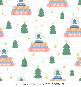 Patrón inconsútil del invierno con los libros, los árboles de navidad y el globo de nieve. Navidades fondo de libro, impresión del amante del libro, lectura acogedora, Ilustración vectorial de la librería del pastel.
