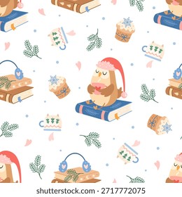 Patrón de invierno sin fisuras con libros, búho, taza, calcetín, cupcake y ramas. Navidades fondo de libro, impresión del amante del libro, lectura acogedora, Ilustración vectorial de la librería del pastel.